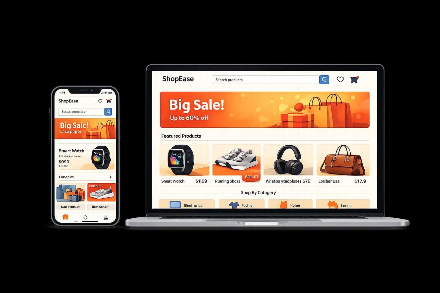 E-commerce storefront displayed across phone and laptop screens